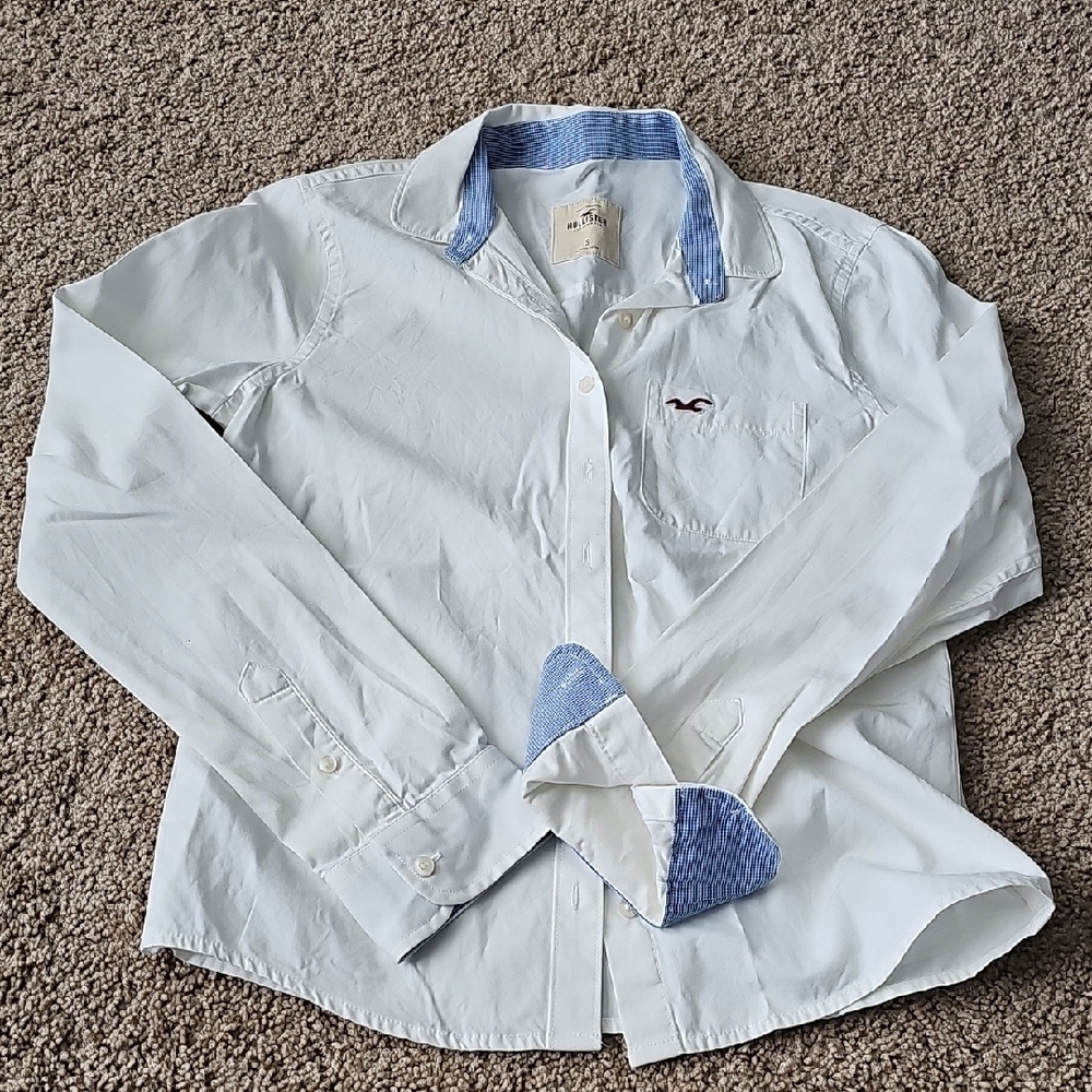 Hollister White and Blue Casual Button Down Shirt